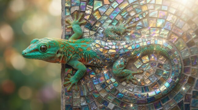 Gecko perched on a decorative mosaic wall