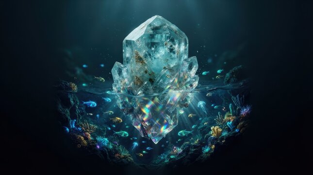 Large glowing crystal formation in deep ocean water
