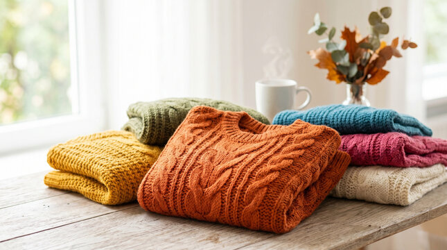 Piles of colorful knitted sweaters on wooden table with warm cup - Concept of Summer end of season