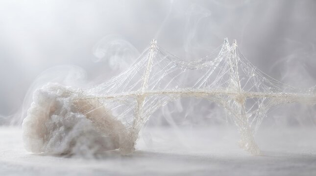 Suspension bridge model made of spun sugar in smoke