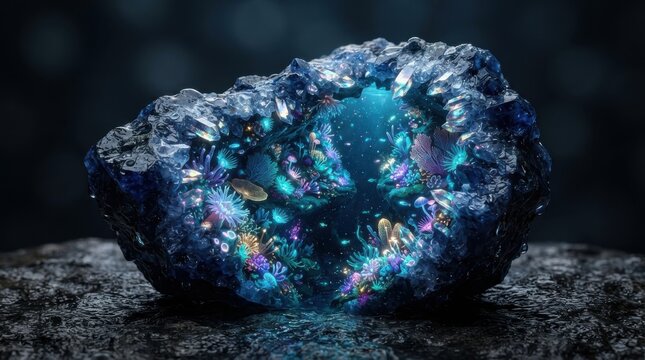 Glowing fantasy geode with bioluminescent coral interior