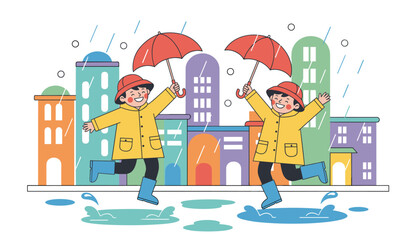 Naklejka premium Joyful kids in yellow raincoats and boots jumping in puddles with red umbrellas against a colorful city.