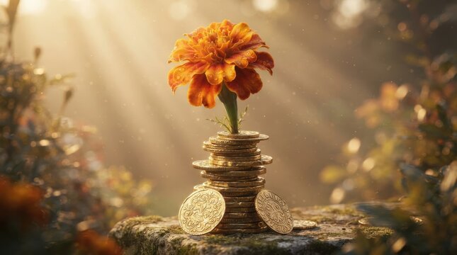 Marigold flower growing from a stack of gold coins
