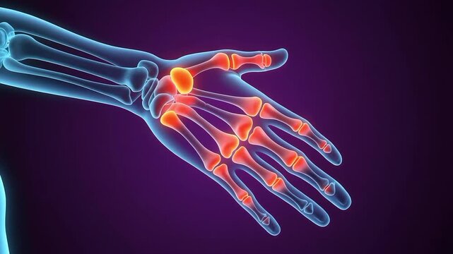 Glowing red hand joints indicating arthritis and inflammation. 4K Video