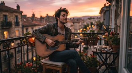 Obraz premium Contemporary Men, Masculinity portrayed by a young musician playing acoustic guitar on an urban balcony during golden sunset