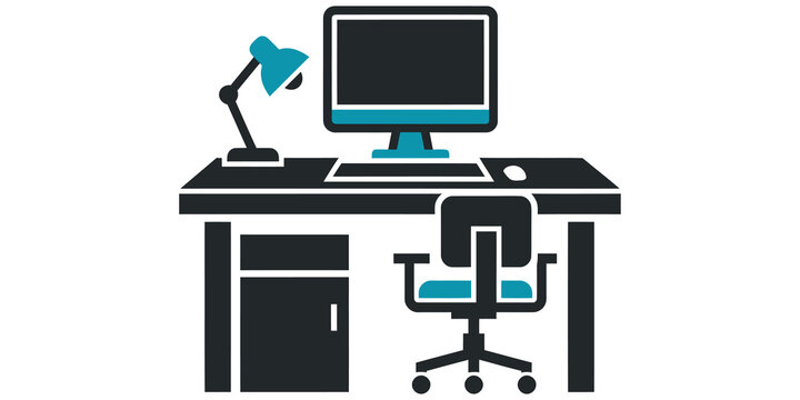 Modern office desk with computer and lamp isolated on transparent background