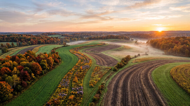 Golden Autumn Farmland With Misty Sunrise Over Rolling Countryside