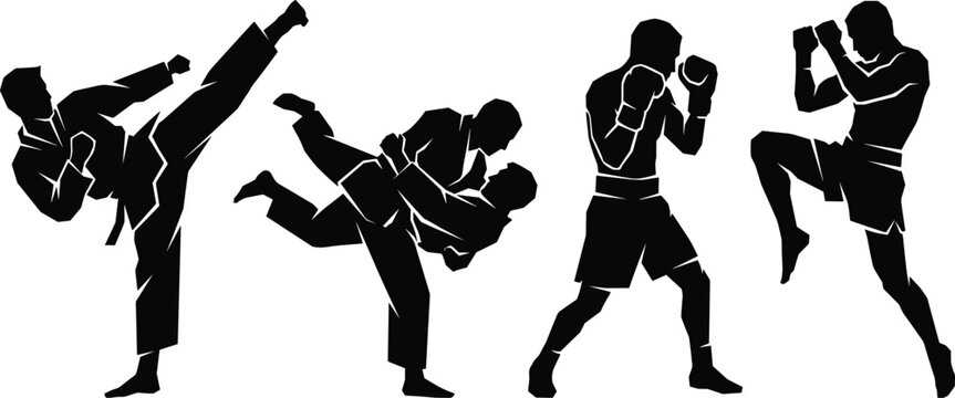 Martial arts silhouette collection featuring karate kick, judo throw, boxing, and muay thai fighters.
