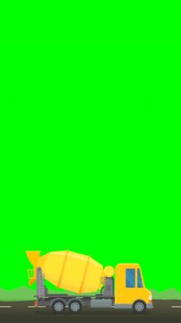Animated concrete mixer truck driving representing construction industry, building development, and heavy transport. Chroma key green screen with alpha channel. (loopable)
