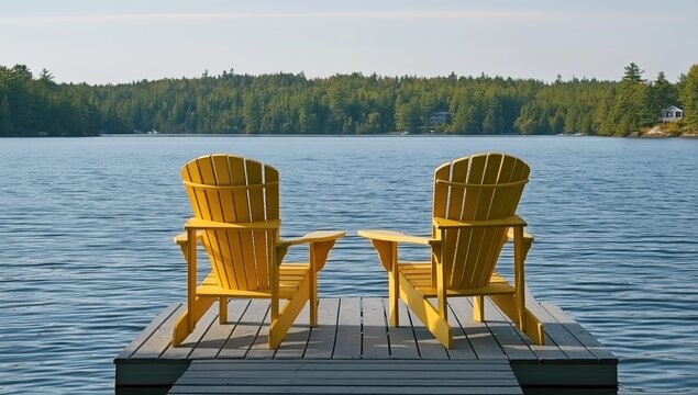Two yellow adirondack chairs on a wooden dock overlooking a calm lake