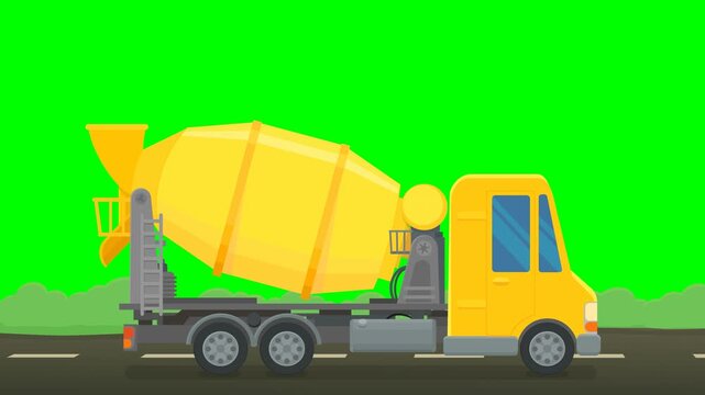 Animated concrete mixer truck driving representing construction industry, building development, and heavy transport. Chroma key green screen with alpha channel. (loopable)