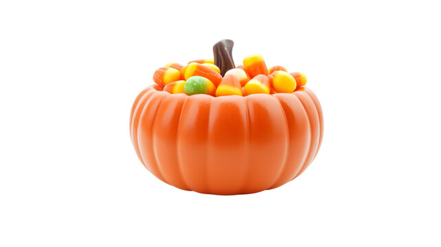 Orange pumpkin bucket filled with candy corn