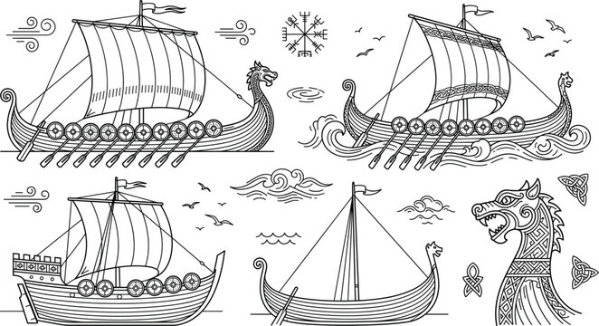 Viking ship line art set with longship drakkar dragon boat ocean waves norse compass and celtic knot elements
