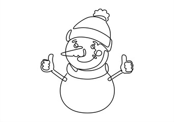 Continuous one line drawing of snowman in hat and scarf showing thumbs up. Winter holiday character for Christmas, New Year and festive design,  Hand drawn one line vector. Editable stroke. 
