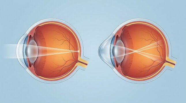 Medical illustration comparing a normal human eye with a keratoconus eye, showing the difference in light refraction and the cone-shaped cornea on a light blue background for clinical use.