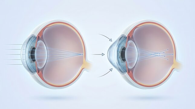Detailed medical diagram showing the progression from a normal cornea to a cone-shaped keratoconus cornea with arrows illustrating the change in shape and light refraction patterns.