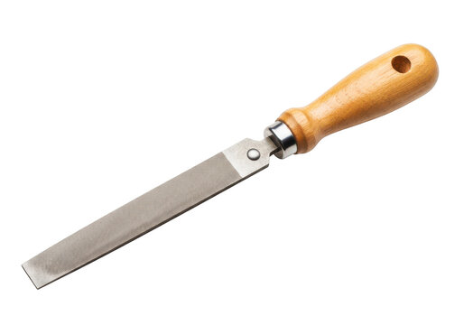Metal file tool with wooden handle, flat rasp for woodworking and shaping, isolated on transparent background, construction and DIY instrument.
