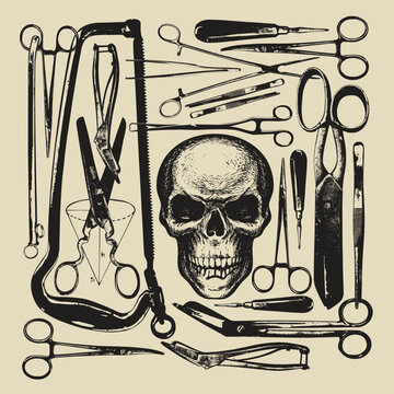 Vector banner with surgical instruments and human skull on the topics of anatomy, surgery, medicine, horror and thriller.  Vintage background with medical sketches. 
