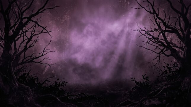 Halloween dark forest with purple mist and light rays, halloween