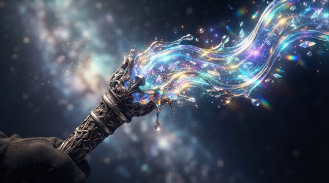 Gloved hand holding a glowing ornate torch with liquid magic