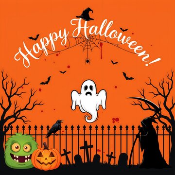 Happy halloween greeting card design with ghost pumpkin and spooky graveyard on orange background