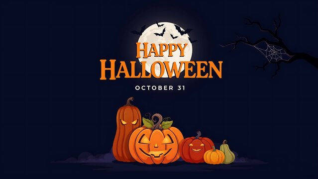 Happy halloween greeting card design with a glowing full moon and carved pumpkins on dark background