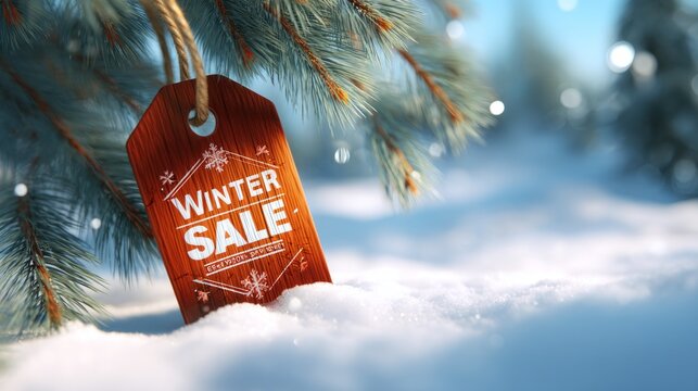 Wooden tag with winter sale text hanging on snowy pine branch in cold forest