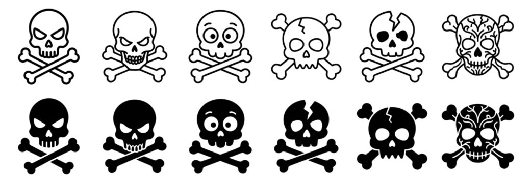 Set of various skull and crossbones icons in black and white silhouettes and outlined designs on transparent background