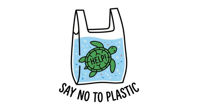 Green sea turtle trapped inside disposable plastic bag with bold call to action text message