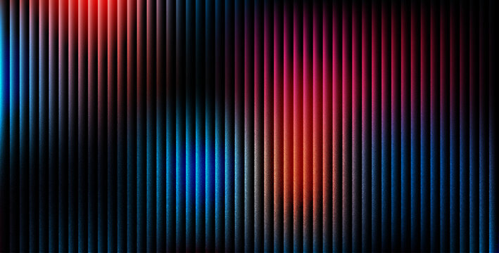 Vibrant vertical bar background with glowing red and blue highlights on black surface for creative web design and technological themes featuring noise and grain for unique style.