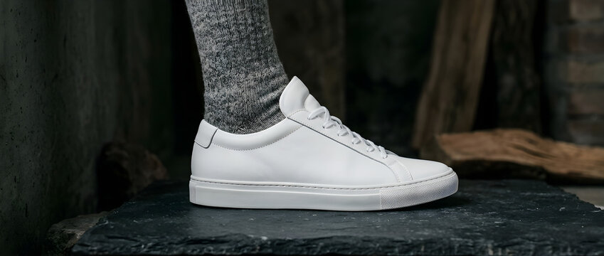 Close Up Of A White Leather Sneaker With Speckled Accents On A Rustic Stone Surface