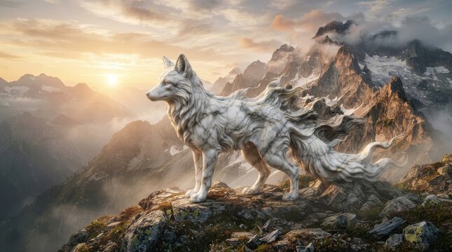 Marble wolf statue on a mountain peak at sunset