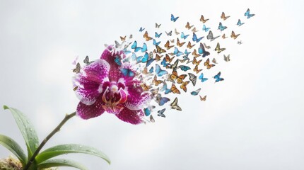 Fototapeta premium Purple orchid flower transforming into a swarm of butterflies
