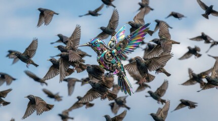 Fototapeta premium Steampunk mechanical hummingbird flying with flock of starlings