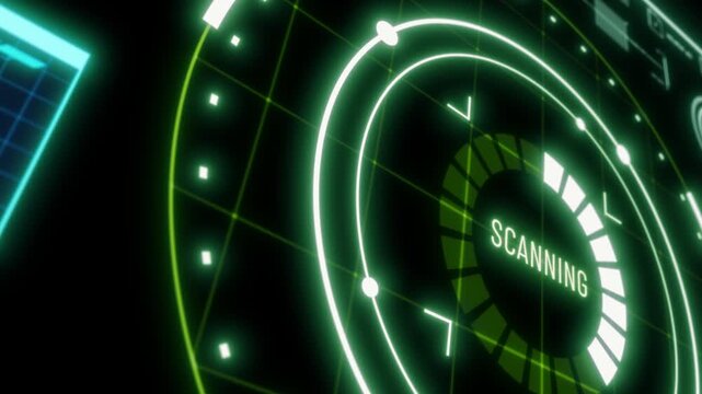 A sci-fi military-style analysis radar HUD screen with perspective, glowing in blue and green