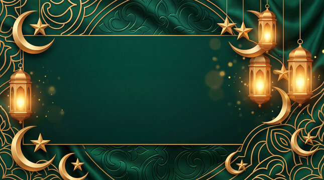 Luxury Islamic Ramadan Kareem Background with Golden Lanterns, Crescent Moon, Stars, Elegant Green Ornamental Frame, Festive Copy Space Banner