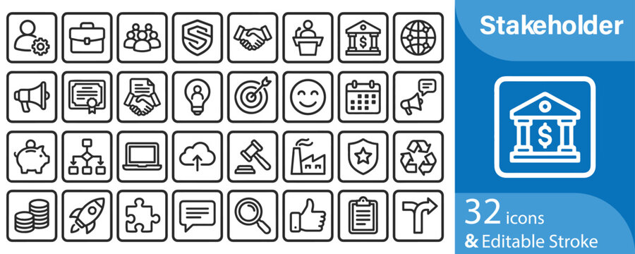 Set of thirty two hand drawn business and stakeholder management icons on a white background