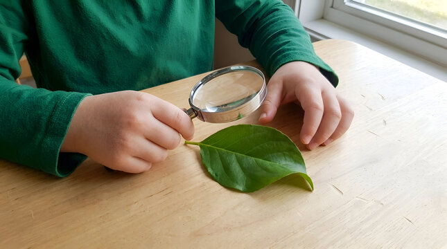 Close-up of hands examining green leaf with magnifying glass. Person inspecting plant foliage for health or research purposes.