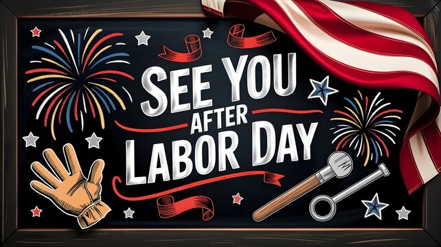 See you after labor day chalkboard sign with american flag, fireworks, work glove, and tools, festive holiday illustration for school or office closure announcement
