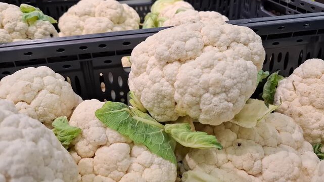 Fresh white cauliflower heads arranged in a produce market, healthy vegetable food, farm harvest, nutritious cooking ingredient, vegetarian lifestyle.