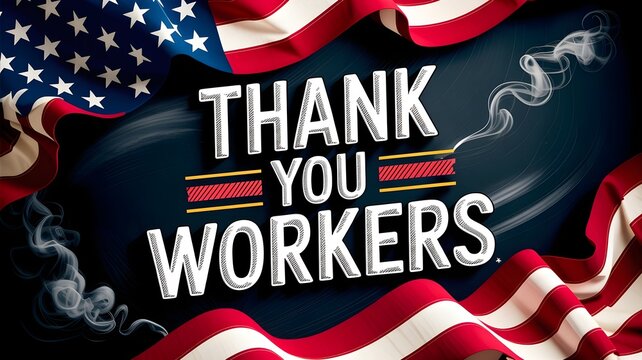 Thank you workers sign with american flag background, labor day celebration, patriotic banner for workforce appreciation, gratitude for employees, us holiday concept