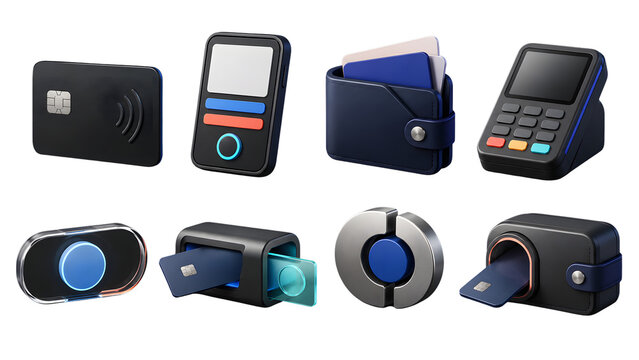 Set of Digital Payment Icons Including Contactless Credit Card POS Terminal Wallet Card Reader and Cashless Devices Isolated on White Background
