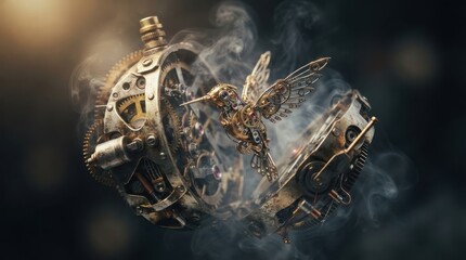 Fototapeta premium Steampunk mechanical hummingbird emerging from clockwork