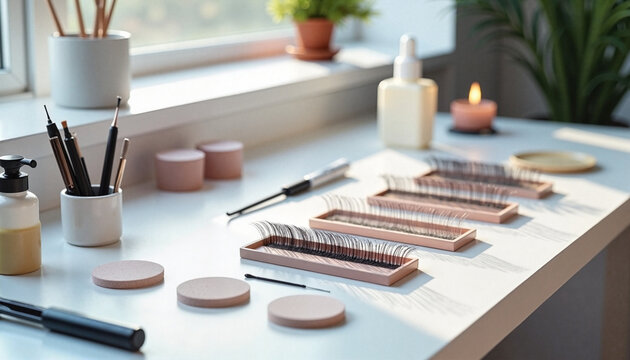 Professional eyelash extension tools and lash trays on salon workspace, closeup of professional lashmaker tools work, professional lash service result concept