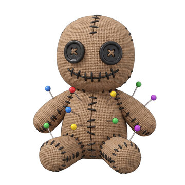 3D illustration of a cute burlap voodoo doll with pins, isolated on transparent background