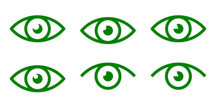 Green Flat Eye Icon Set Isolated on Transparent Background PNG Vision Sight Vector Symbols