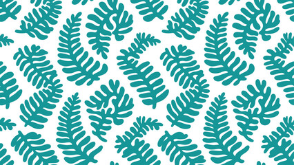 Fototapeta premium Organic seamless pattern with teal green stylized fern and coral shapes on white background. Flat vector illustration EPS 10.