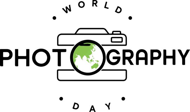 World photography day logo with camera and world map globe, photography