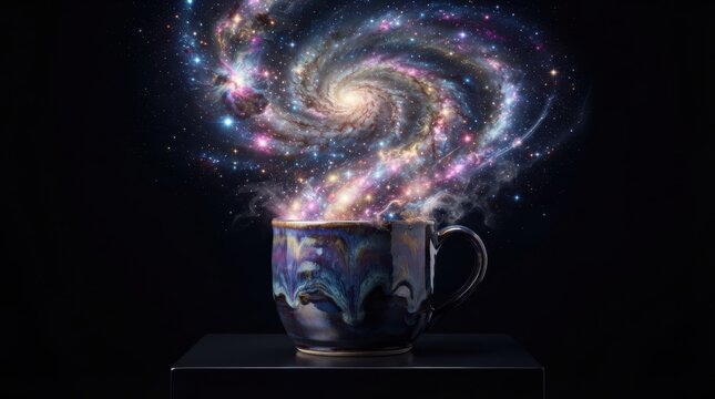 Spiral galaxy swirling out of a ceramic coffee mug