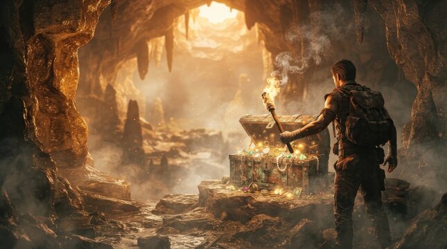 Explorer with torch finding treasure chest in a cave